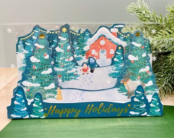 Snowy Christmas, 3D Pop Up Christmas Card, Gold Foil Card, Merry Christmas Card, Holiday Card, Greeting Card
