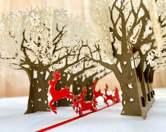 Dashing Through the Snow, 3D Pop Up Card, 3D Christmas Card,  Amazing Christmas Card, Reindeer, Santa, Snowflakes in the Tree