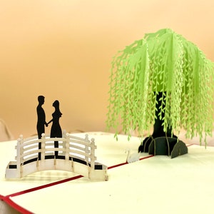 Saule, au bord de la rivière, carte de Saint-Valentin, carte pop-up, carte 3D, mariage, romantique, anniversaire, carte d'amour