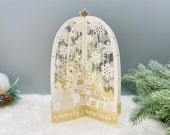 Snow Globe, 3D Pop up Christmas Card, Holiday Card, Laser Gold Foil Card, Luxurious Xmas Card, Christmas Town, Church, Snowy Christmas