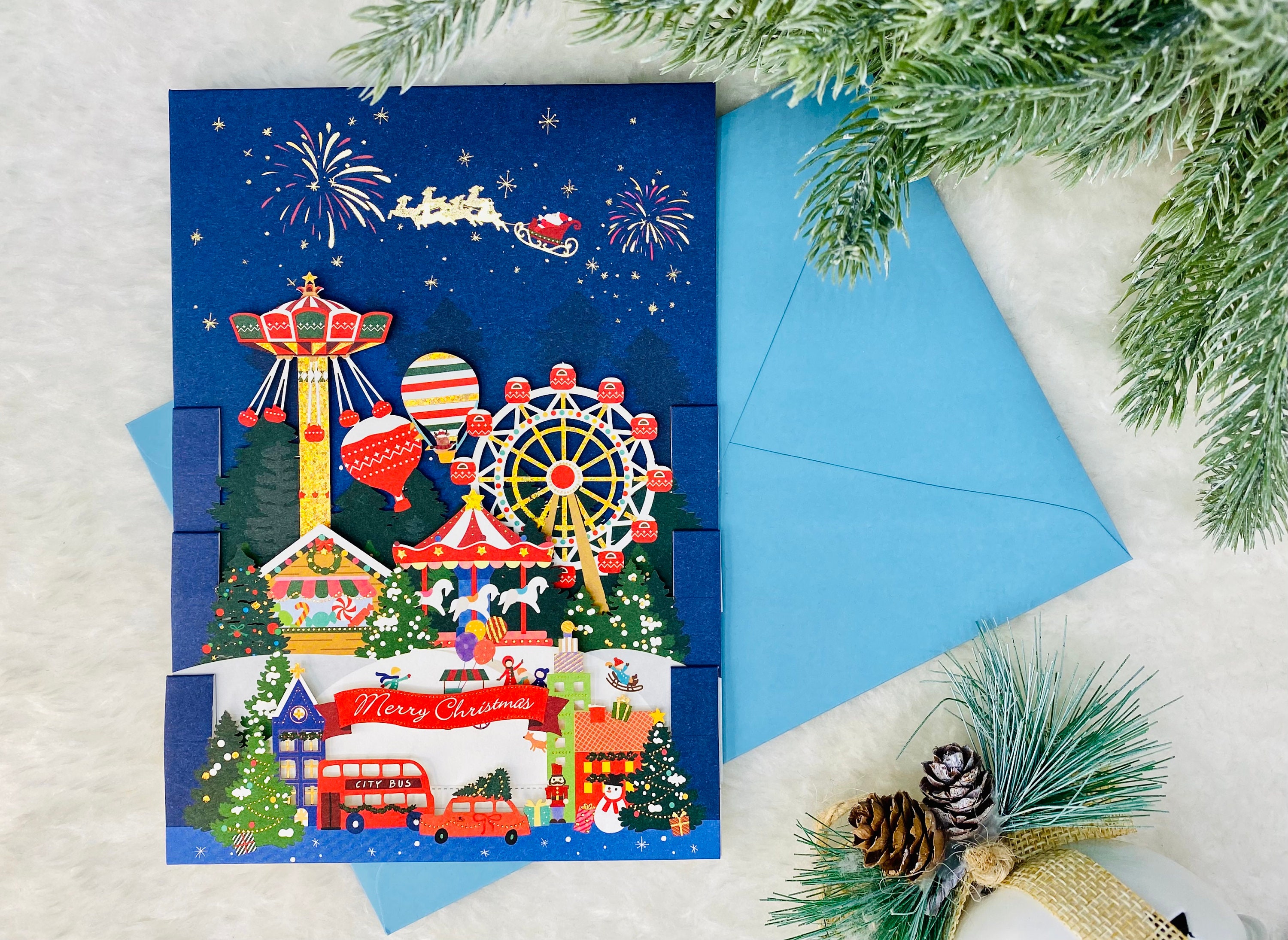 Christmas Theme Park, 3D Pop up Christmas Card, Snowy Holiday