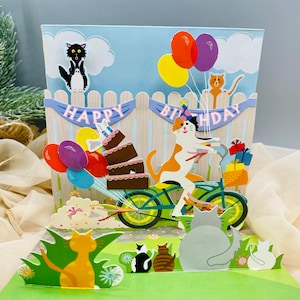 Chats et gâteau d’anniversaire, Carte d’anniversaire Pop Up, Carte d’anniversaire 3D, Carte pop-up, Carte d’anniversaire, Carte drôle, carte d’anniversaire pour les enfants / elle / lui
