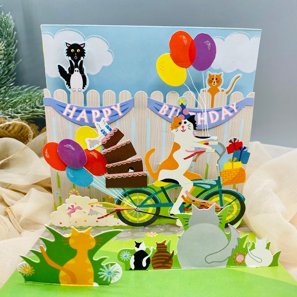 Cats and Birthday Cake, Pop Up Birthday Card, 3D Birthday Card, Pop up Card, Birthday Card, Funny Card, birthday card for kids/ her/ him