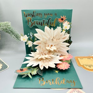 Fleurs d'anniversaire, carte fleurie, carte d'anniversaire, carte pop-up, carte 3D, carte pour elle, carte pour femme, carte pour maman