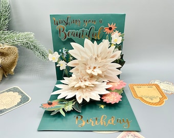 Birthday Flowers, Flower Card, Birthday Card, Pop Up Card, 3D Card, Card For Her, Card for Wife, Card for Mom