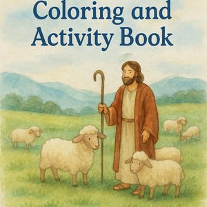 Könnte beinhalten: Ein Mal- und Aktivitätsbuch für Kinder mit dem Titel "My Psalm 23 Coloring and Activity Book". Das Cover zeigt eine Illustration eines Hirten mit Stab, Schafen und Text. Der Name des Künstlers ist ebenfalls sichtbar.
