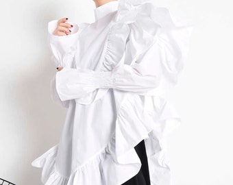 white satin ruffle blouse