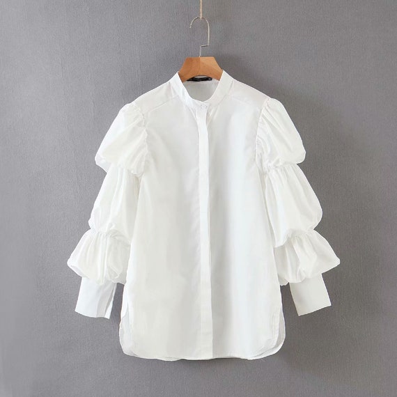 Baumwolle Bluse Bluse Puffärmel Shirt Langarm Renaissance Rüschen Weiße