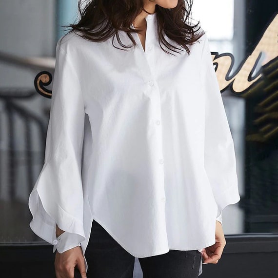 Blusa blanca manga larga manga casual camisa sólida con Etsy México