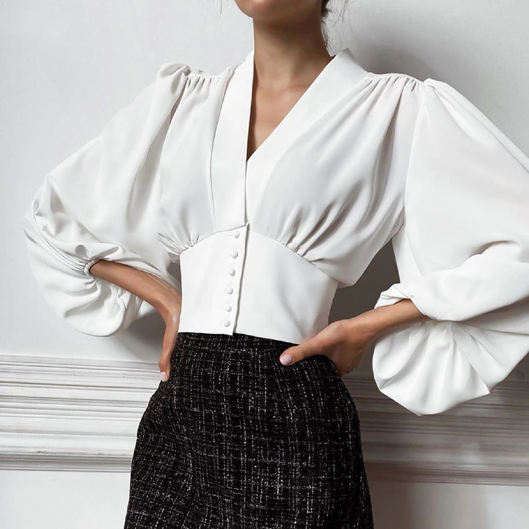 V Neck Button Down Blouse Womens White Red Top Shirt Casual - Etsy Australia