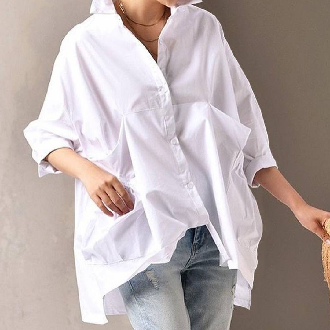 Asymmetric White Black Blouse Oversized Long Sleeve Pocket Top - Etsy