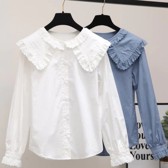 Embroidered Peter Pan Collar Blouse Womens White Blue Ruffled - Etsy