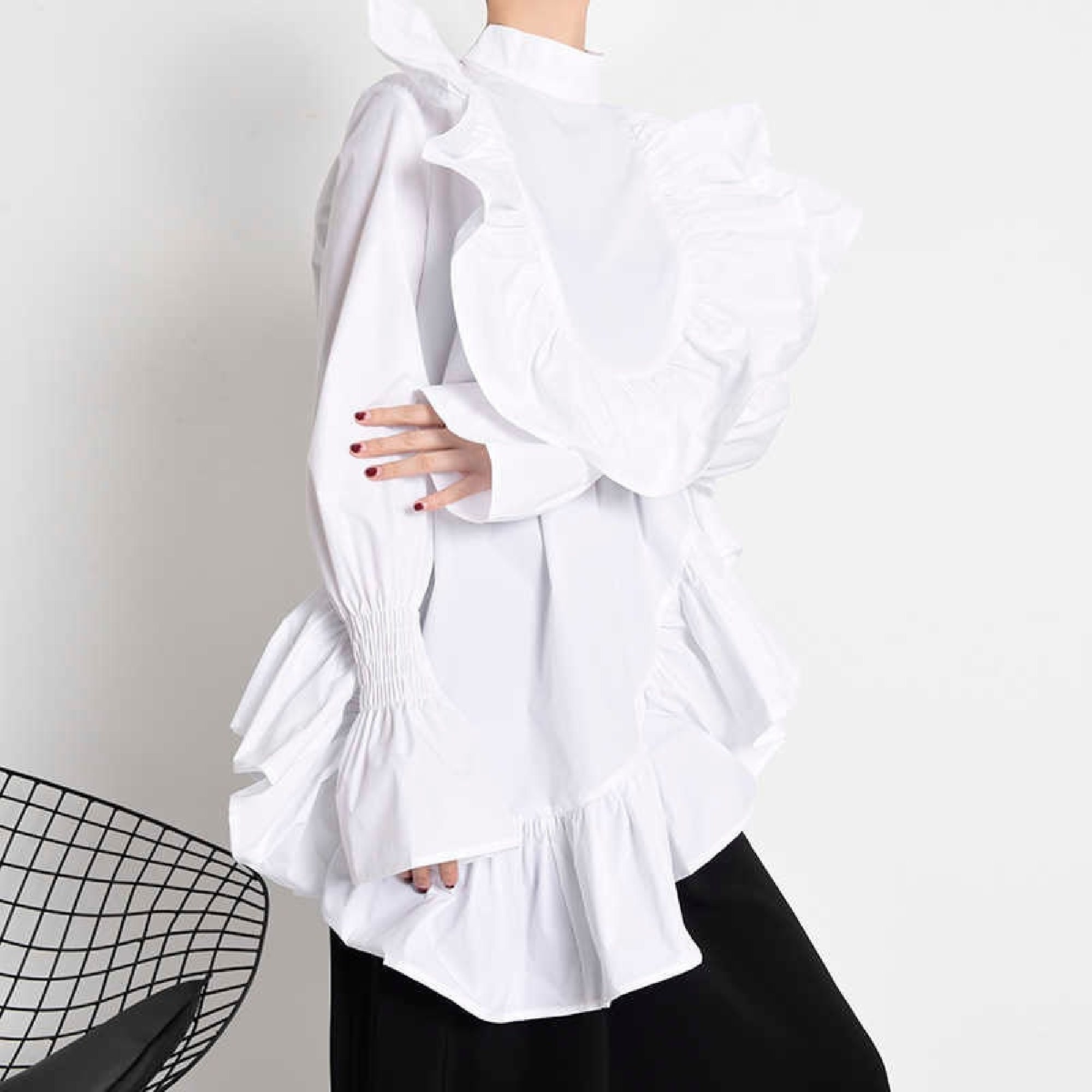 White Sheer Blouse Big Collar Ruffle T Shirt Lantern Sleeve | Etsy