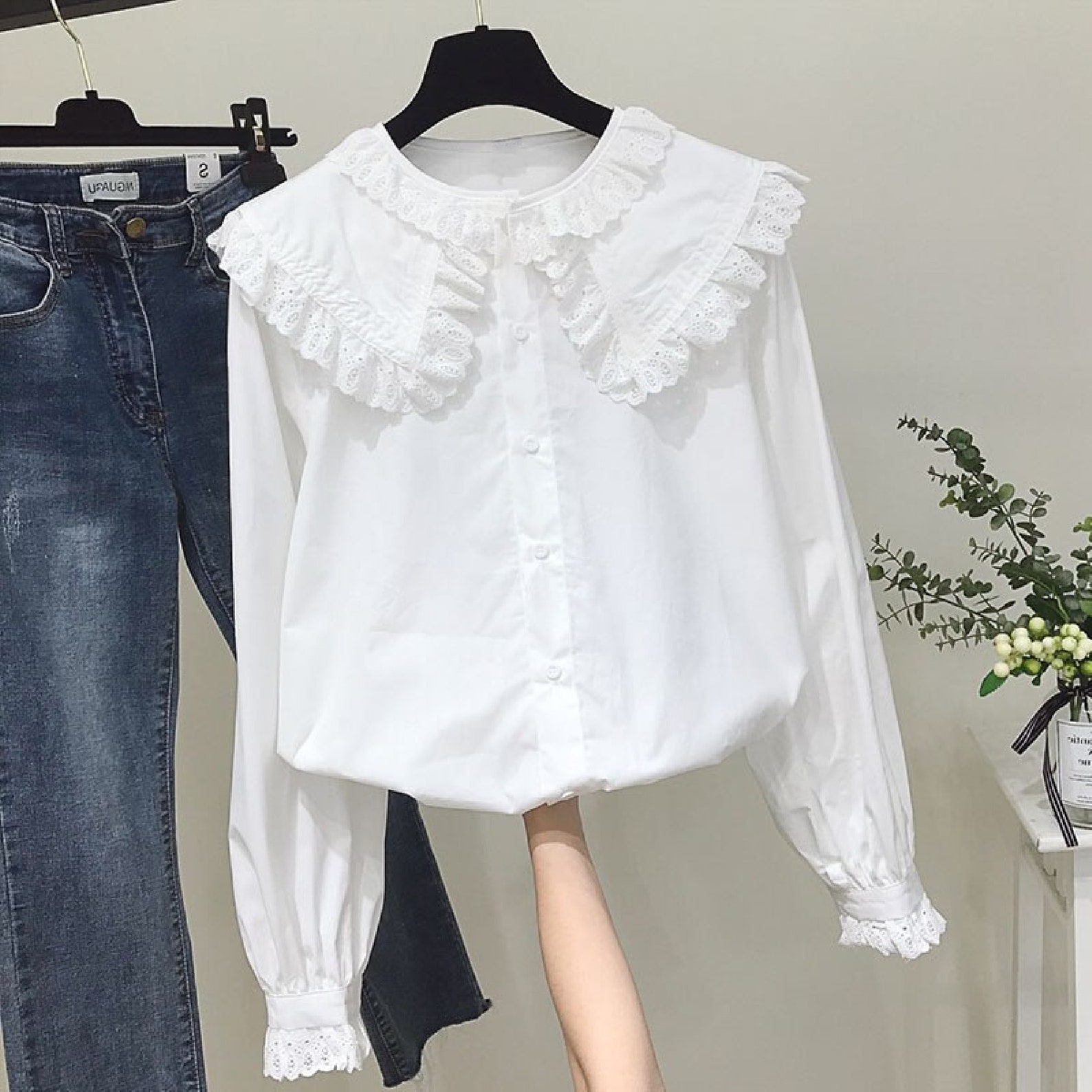 Embroidered Peter Pan Collar Blouse Womens White Blue Ruffled - Etsy