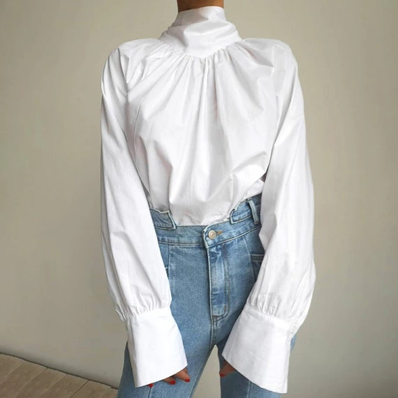White Long Sleeve Blouse Ruffled 