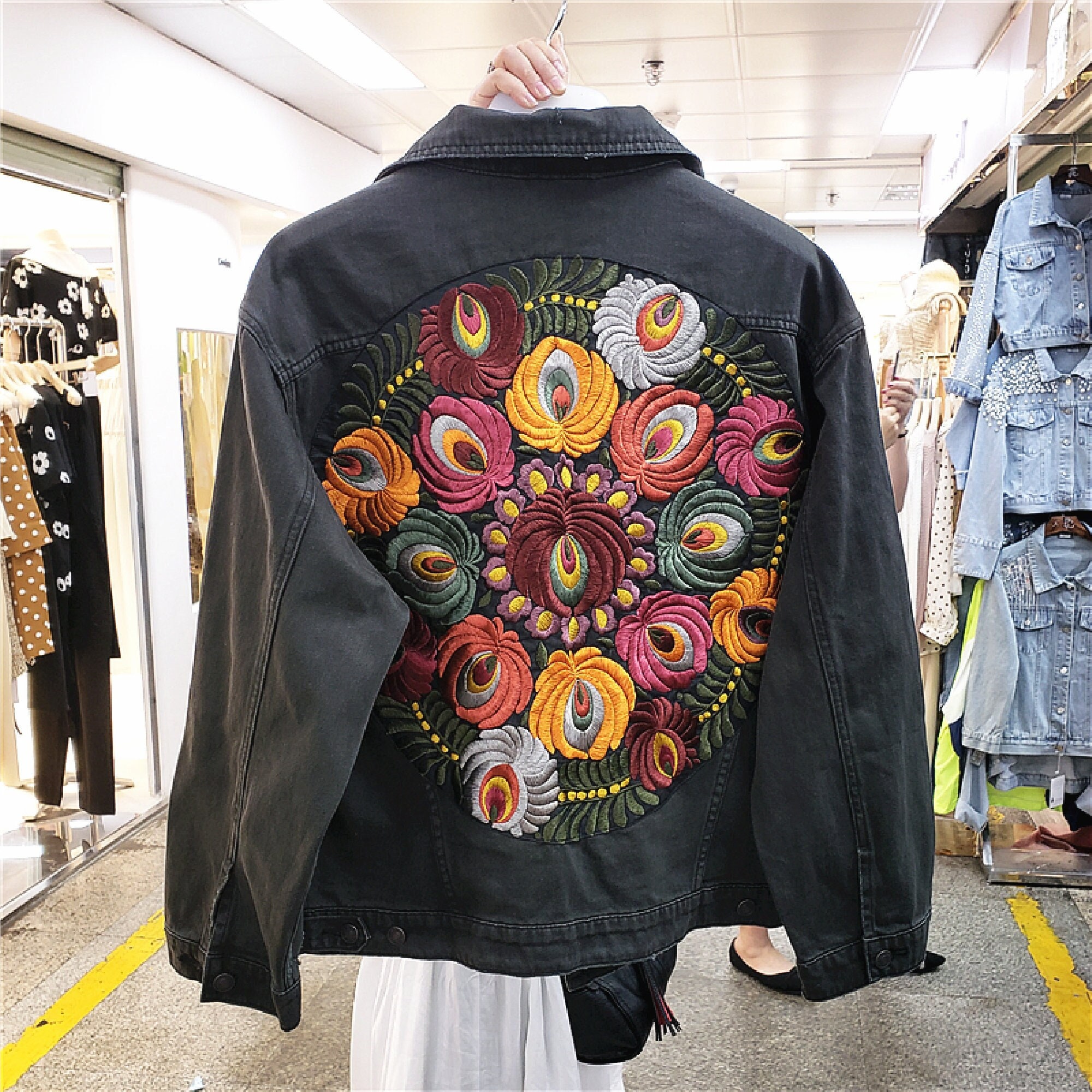 Women Floral Embroidery Denim Jacket Vintage Oversized Casual   Etsy