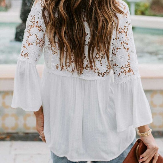 Women White Crochet Lace Button Blouse 