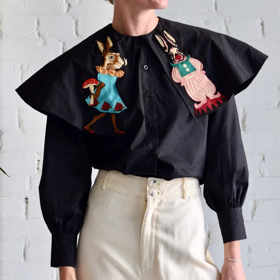 Women Black Blouse Rabbit Poet Blouse Emroidery Cute Rabbit Etsy