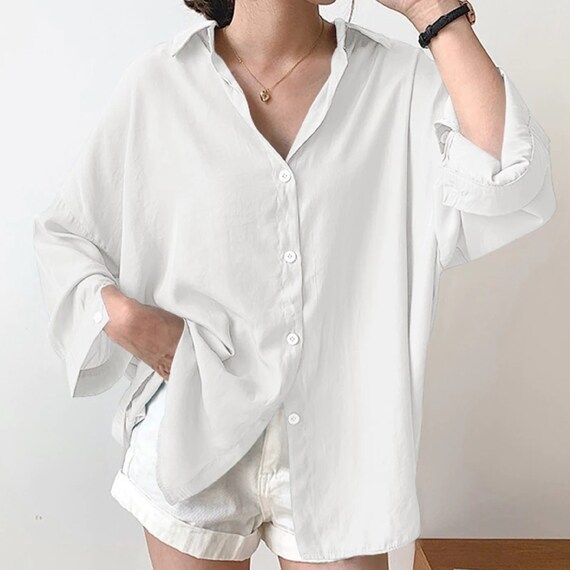 Women White Tops Turn-down-collar Solid Loose Blouses Oversize - Etsy