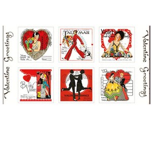 May include: A sheet of Valentine's Day themed stickers. Each sticker features vintage illustrations of couples, floral arrangements, and the text "Valentine Greetings." The color palette includes red, black, and white.