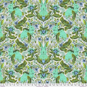 May include: A repeating pattern featuring stylized turquoise rabbits, blue flowers, and green foliage on a light gray background. The design has a vintage, ornate aesthetic, with a symmetrical arrangement of the elements.