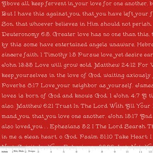 May include: Red fabric with white script text featuring Bible verses. The text includes phrases like "Love your neighbor" and "Trust in the Lord." The fabric is suitable for quilting or crafting projects.
