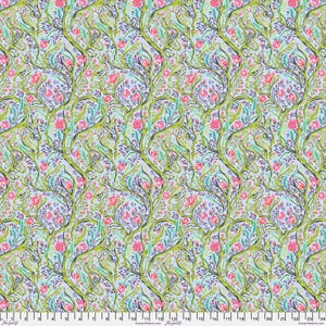 May include: Floral fabric with a repeating pattern of pink roses, green vines, and blue-green leaves on a light blue background. The design is symmetrical and detailed, creating a classic, botanical aesthetic.