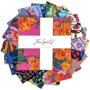 May include: A collection of fabric squares in various floral and patterned designs, arranged in a circular shape. The fabrics feature vibrant colors like pink, orange, blue, and purple. A white cross shape in the center displays the "Free Spirit" logo.