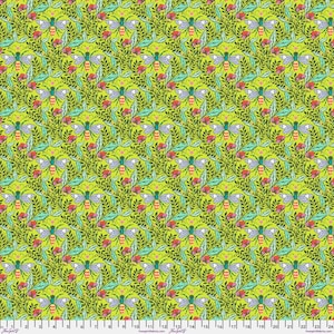 May include: A repeating pattern of bees, leaves, and flowers on a chartreuse background. The bees have blue wings and striped bodies. The leaves are green, and the flowers are red. The design is symmetrical and detailed, creating a vibrant and busy aesthetic.
