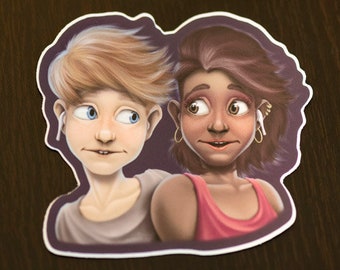 A Tune For Two Sticker -- Friendship, Couple, Love, Listen to Music, Music, Cartoon, Laptop Stickers, Notebook Decals, Phone Decoration