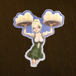May include: A cartoon illustration of a woman in a green dirndl dress carrying two trays of beer mugs. The woman has blonde hair and blue eyes. The beer mugs are filled with a light yellow liquid.