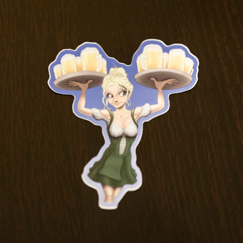 May include: A cartoon illustration of a woman in a green dirndl dress carrying two trays of beer mugs. The woman has blonde hair and blue eyes. The beer mugs are filled with a light yellow liquid.