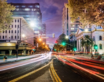 San Jose Night Photography Print | Downtown Urban Cityscape | California Street Art | Long Exposure Traffic Lights Wall Decor | Market St