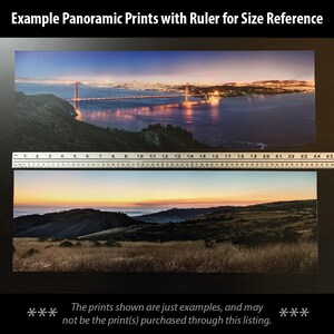 May include: Two panoramic prints of the Golden Gate Bridge in San Francisco, California. The top print shows the bridge at night with city lights reflecting in the water. The bottom print shows the bridge during the day with a view of the hills and fog. A ruler is placed below the prints for size reference. The text "The prints shown are just examples, and may not be the print(s) purchased through this listing." is displayed below the images.