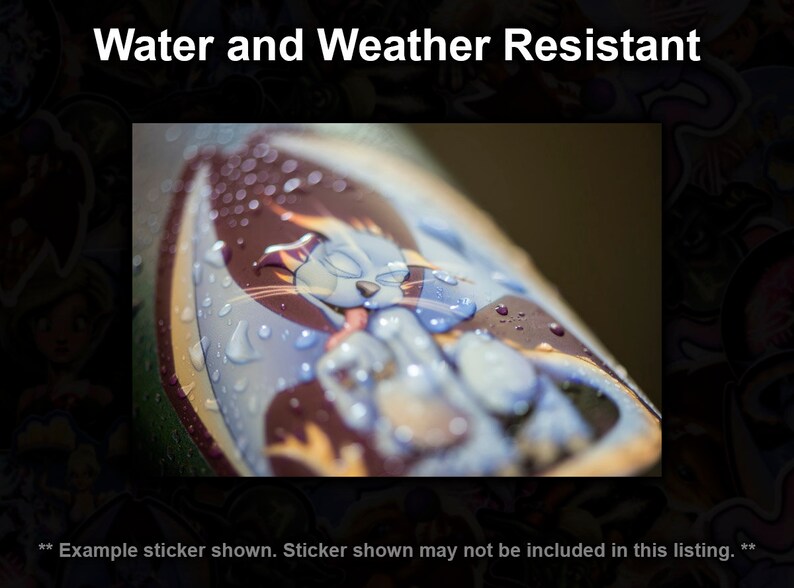 May include: A close-up of a sticker featuring a cartoon character. The sticker is covered in water droplets, demonstrating its water and weather resistance.