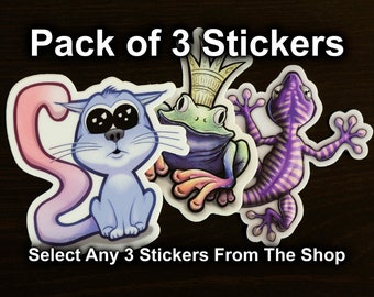 Pack of 3 Stickers -- Animals Stickers Selected by Default -- Art, Cartoon, Laptop Sticker, Notebook Decal, Phone Decoration, Water Bottle