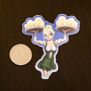 May include: A sticker of a cartoon woman wearing a green dirndl dress and holding two trays of beer mugs.