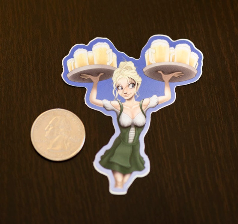 May include: A sticker of a cartoon woman wearing a green dirndl dress and holding two trays of beer mugs.