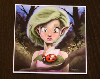 Elf Woman and Lady Bug Sticker -- Vinyl, Fantasy, Forest, Dungeons and Dragons, Laptop, Notebook Decal, Phone Decoration, Water Bottle