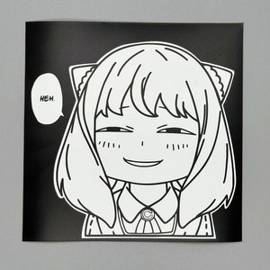 May include: A black and white sticker featuring a cartoon character with a mischievous smile and the word "heh" in a speech bubble. The character has short hair, cat ears, and is wearing a collared shirt.