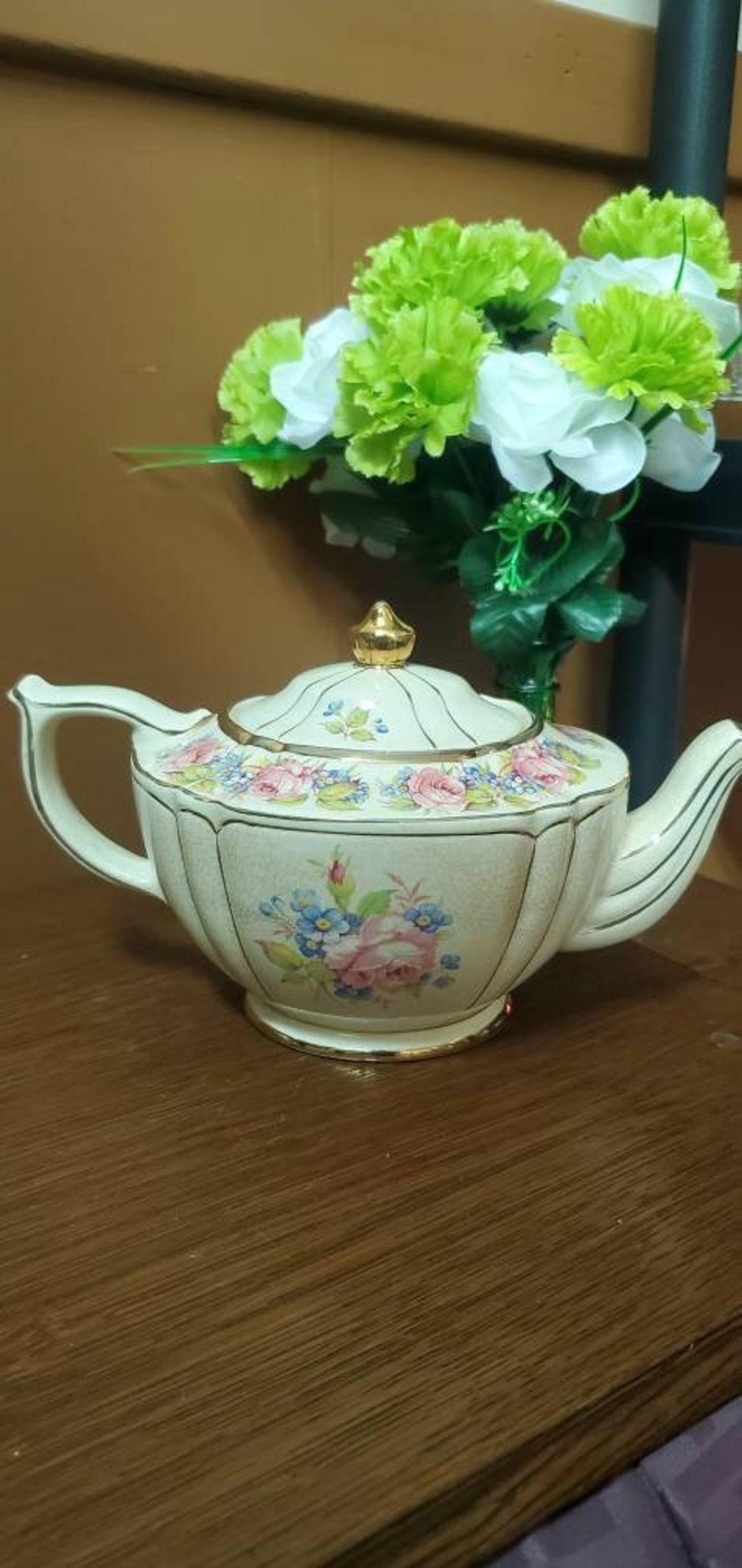 Sadler England Display Teapot. Pink Roses Blue Flowers. Well Etsy