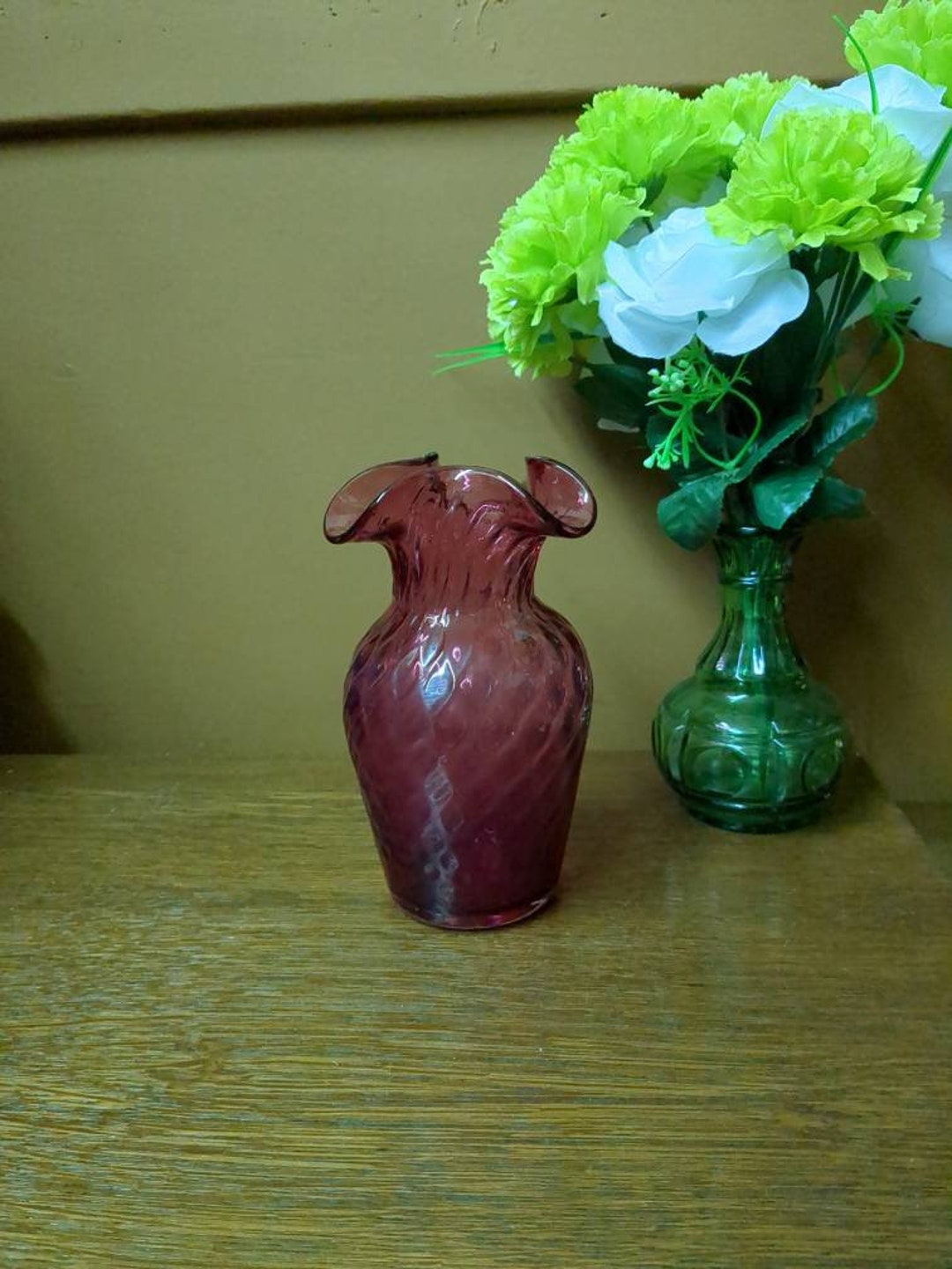 7 Hand Blown Cranberry Glass Vase. Ruffled Edges, Diamond Quilt Pattern