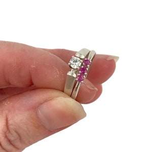 White Sapphire and Pink/Purple Sapphire Bridal Ring Set in Sterling Silver, Sapphire Engagement Rings, Genuine Sapphire Ring 2-Ring Set