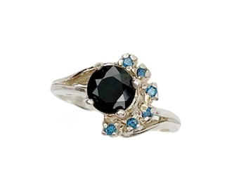 Genuine Black Sapphire and Blue Diamond Cocktail Ring in Sterling Silver