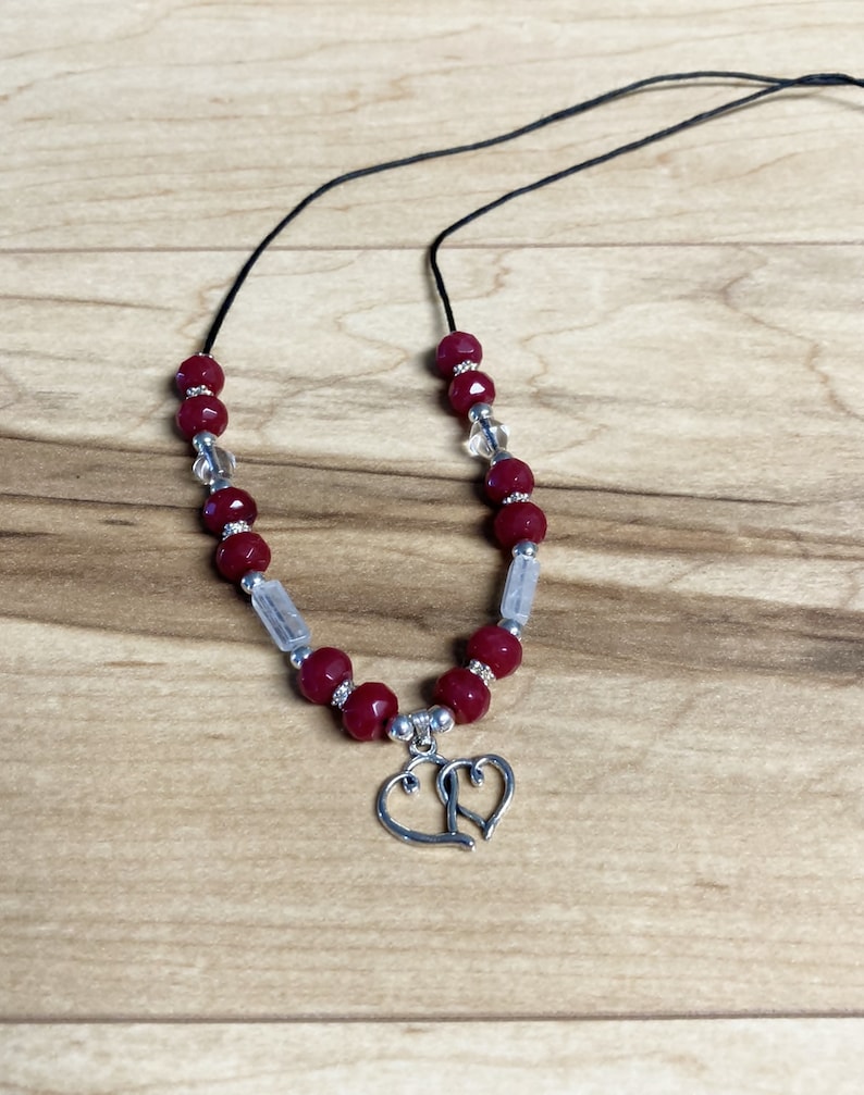 Ruby Pendant Necklace Chip Bead Necklace Ruby /& Clear Quartz Double Heart Necklace Heart Necklace