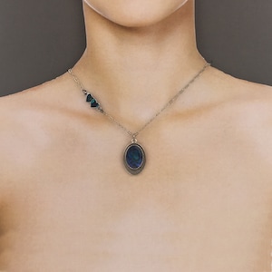Vivid Blue Paua Shell Bezel Pendant on Asymmetrical Silver Chain
