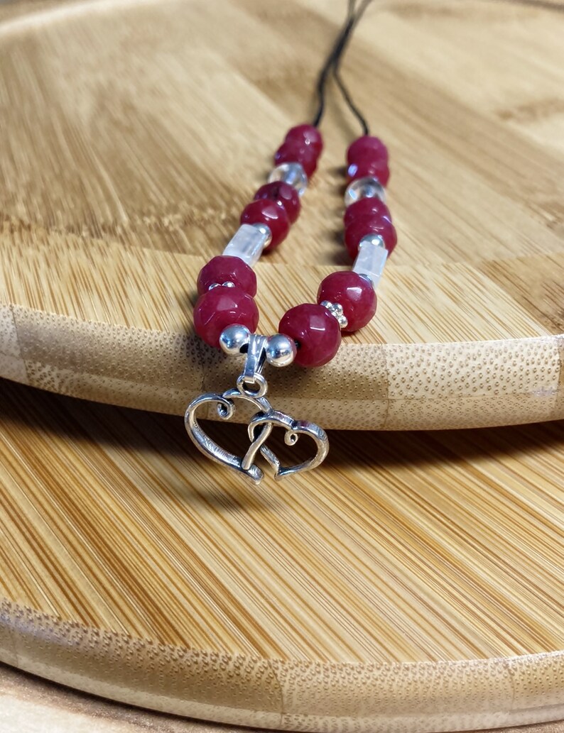 Ruby Pendant Necklace Chip Bead Necklace Ruby /& Clear Quartz Double Heart Necklace Heart Necklace