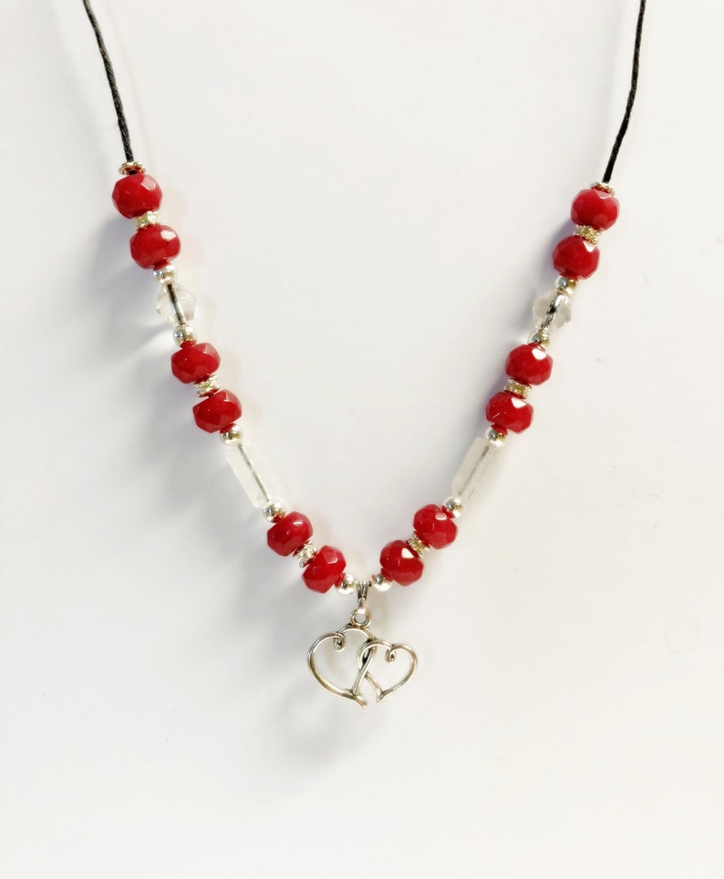 Ruby Pendant Necklace Chip Bead Necklace Ruby /& Clear Quartz Double Heart Necklace Heart Necklace