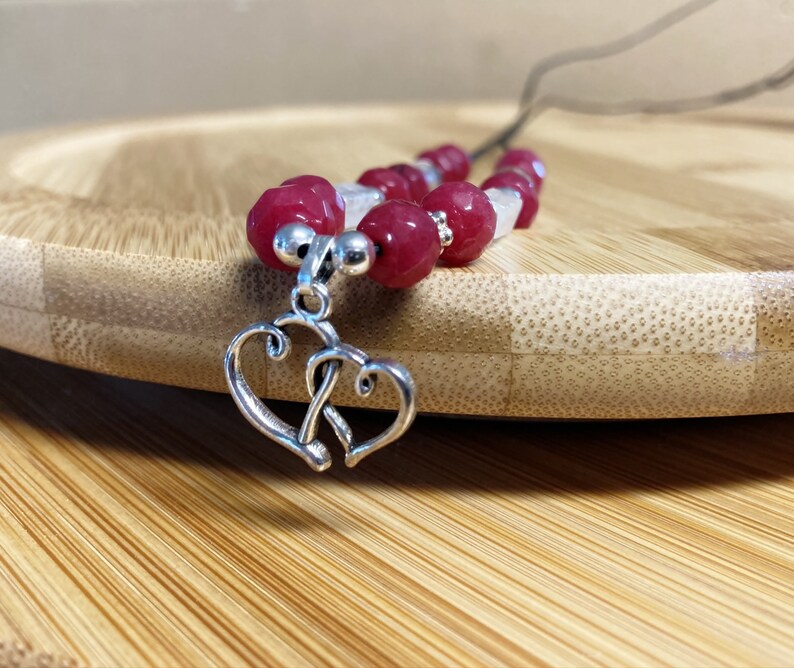Ruby Pendant Necklace Chip Bead Necklace Ruby /& Clear Quartz Double Heart Necklace Heart Necklace