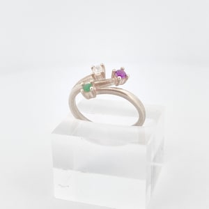 Personalized Birthstone Ring in Sterling Silver, Genuine Emerald, Moonstone & Amethyst Ring